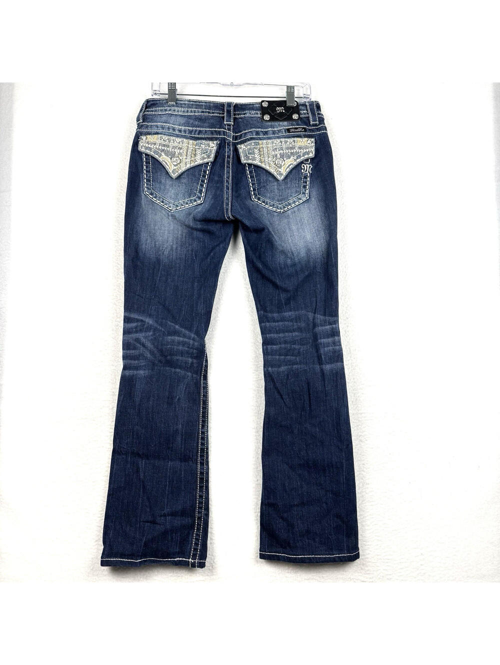 Miss Me Signature Boot Cut Size 29 Embroidered Rhinestone Pocket Flaps Dark Wash